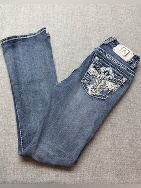 Answer Me Womens Winged Cross Rhinestone Jeans